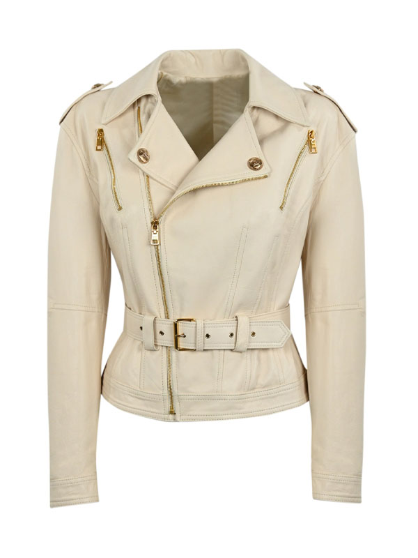 Women's Slimfit Classic Belted Cream Leather Jacket
