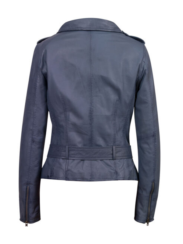 Women’s Slimfit Classic Belted Distressed Blue Leather Jacket