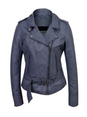 Women’s Slimfit Classic Belted Distressed Blue Leather Jacket