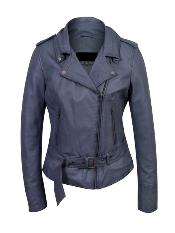 Women’s Slimfit Classic Belted Distressed Blue Leather Jacket