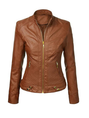 Women's Stylish Slim Fit Motorcycle Tan Brown Leather Jacket