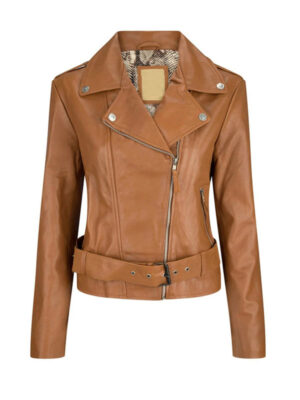 Women's Stylish Tan Brown Belted Leather Jacket