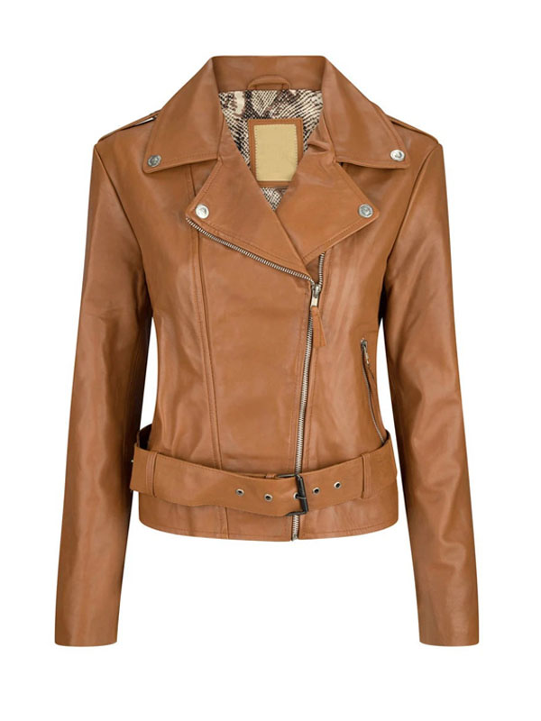Women's Stylish Tan Brown Belted Leather Jacket