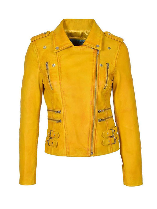 Women's Yellow Slimfit Classic Biker Leather Jacket
