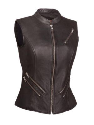 Women's Zip Up Style Motor Biker Leather Vest