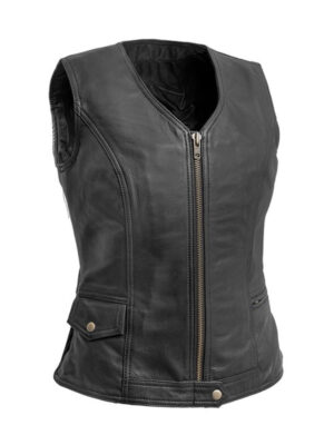 Women's Zipper Biker Club Black Leather Vest