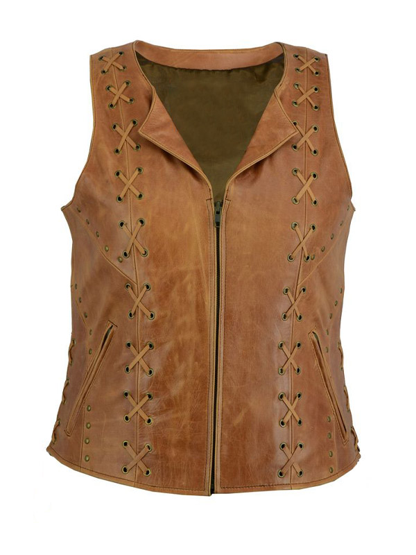 Women’s Zippered With Lacing Design Brown Vest