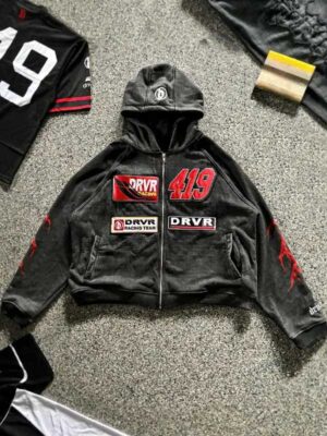 419 Driver Raceway Zip-Up Grey Hoodie Jacket
