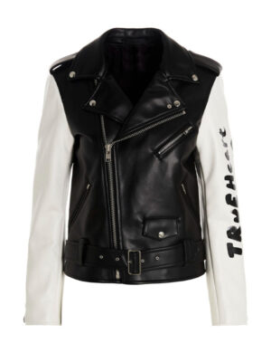 Men's True Heart Strong Mind Black White Biker Jacket
