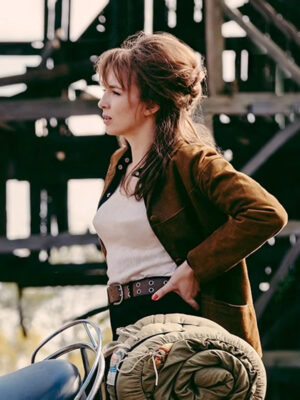 the-bikeriders-jodie-comer-brown-suede-jacket