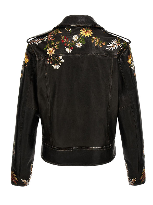 Unisex Cross Zipper Floral Embroidery Leather Jacket