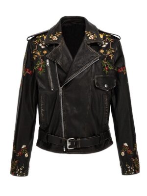 Unisex Cross Zipper Floral Embroidery Leather Jacket