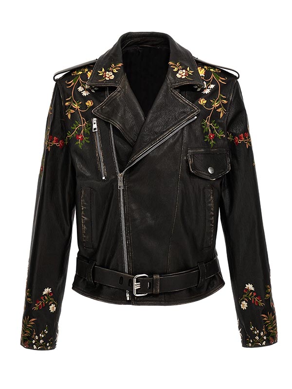 Unisex Cross Zipper Floral Embroidery Leather Jacket