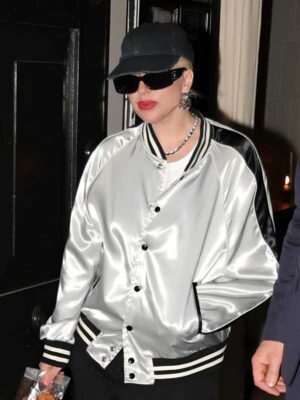 Unisex Lady Gaga Silver Satin Bomber Jacket