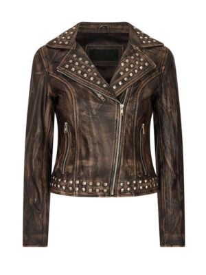 Women's Cross Zip Studded Brando Biker Leather Jacket