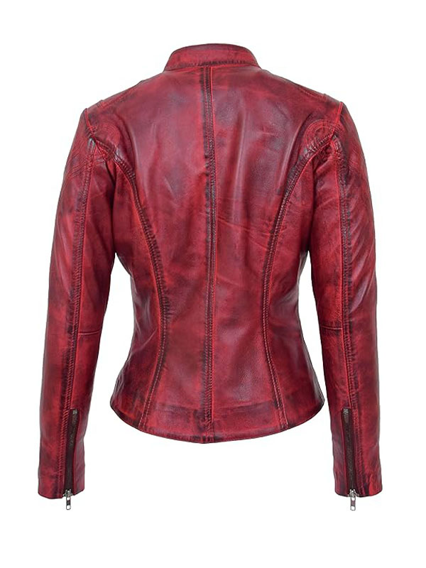 Women's Vintage Distressed Red Biker Leather Jacket