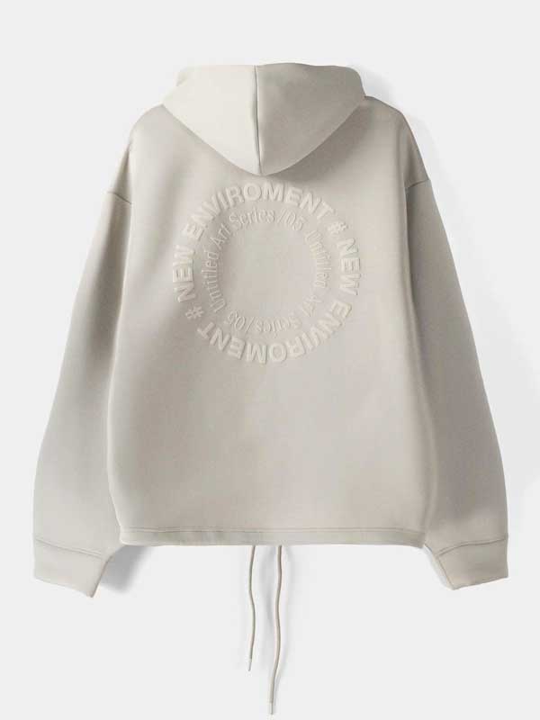 Bershka Zip-Up Slogan Beige and Black Hoodie