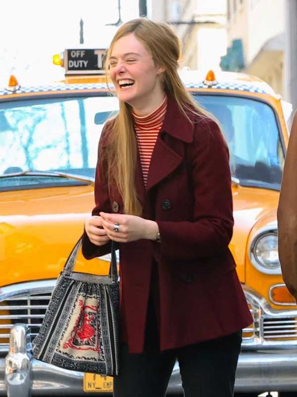 Elle Fanning A Complete Unknown Sylvie Russo Maroon Pea Coat