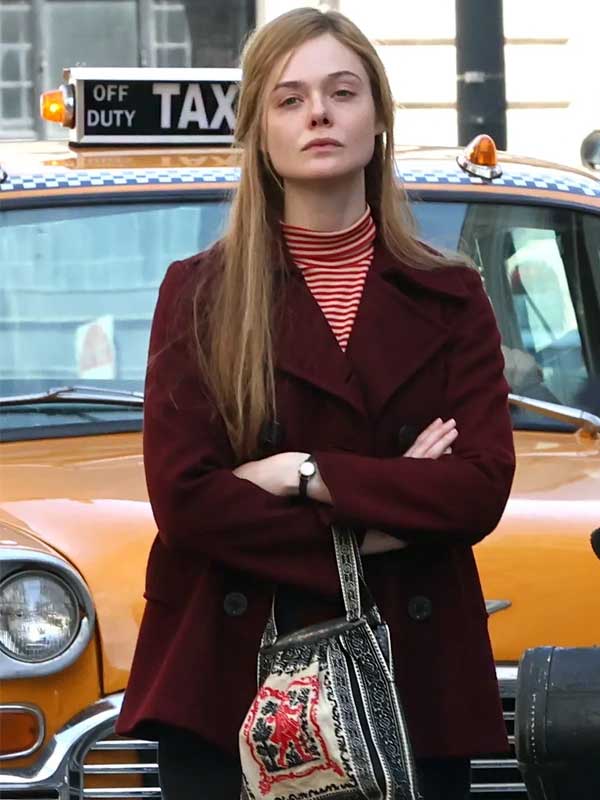 Elle Fanning A Complete Unknown Sylvie Russo Maroon Pea Coat