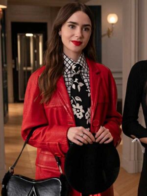 Emily in Paris Lily Collins S04 Red Leather Coat