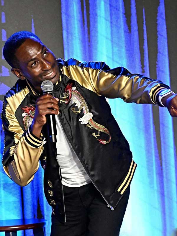 JFGF Institute  Mike Estime Embroidered Satin Bomber Jacket