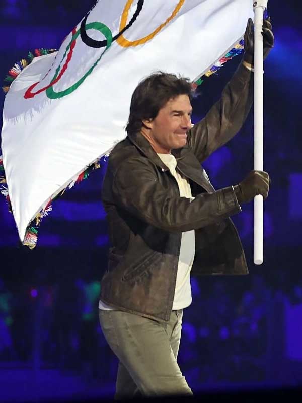 Olympic Tom Cruise Closing Ceremony Brown Leather Jacket