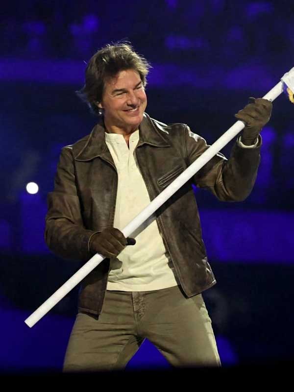Olympic Tom Cruise Closing Ceremony Brown Leather Jacket
