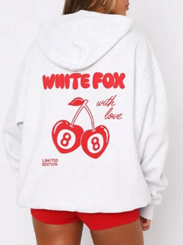 Oversized White Fox With Love Cherry Pullover Hoodie