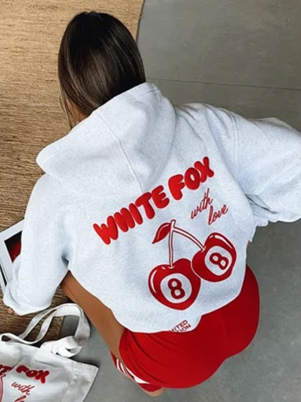 Oversized White Fox With Love Cherry Pullover Hoodie