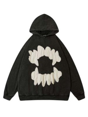 Vintage Teeth Design Oversized Pullover Black Hoodie