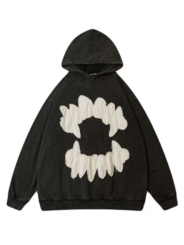 Vintage Teeth Design Oversized Pullover Black Hoodie