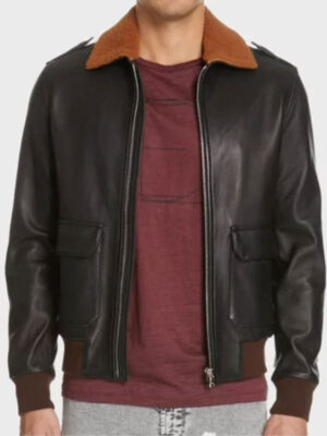 Angelo Shearling Collar Black Leather Bomber Jacket