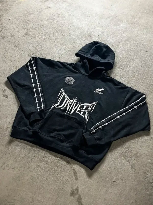 Driver Barbed-Wire Oversized Black Pullover Hoodie
