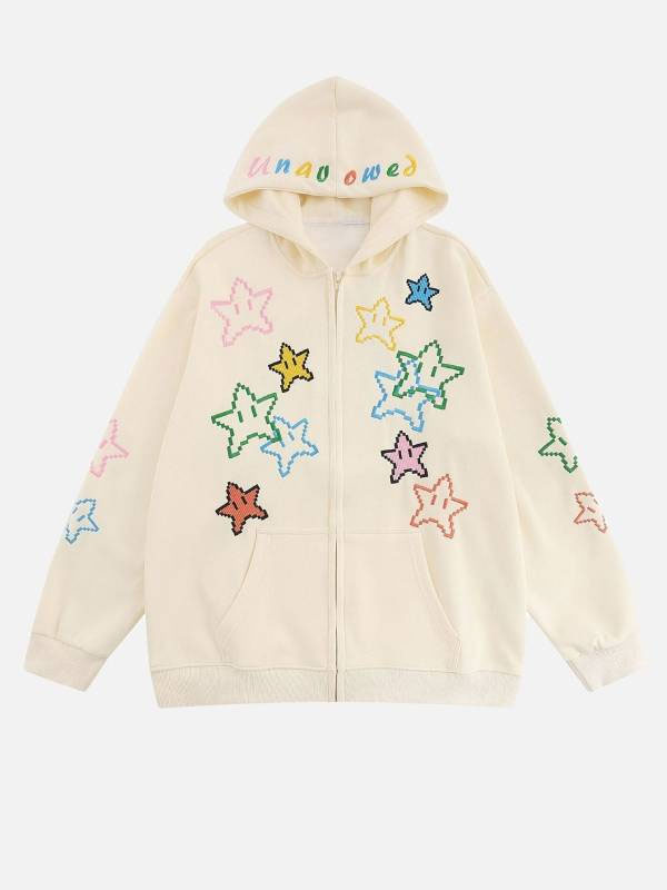 Star Unau Owed Fleece Black & Beige Zip-Up Hoodie