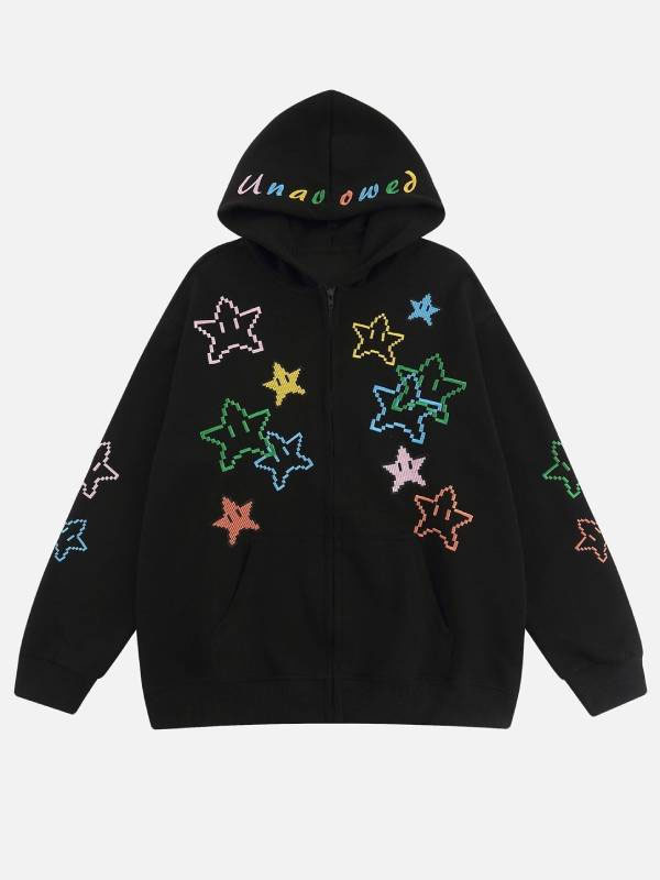 Star Unau Owed Fleece Black & Beige Zip-Up Hoodie