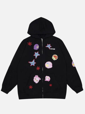 Star World Streetwear Graphic Black & Cream Zip-Up Hoodie
