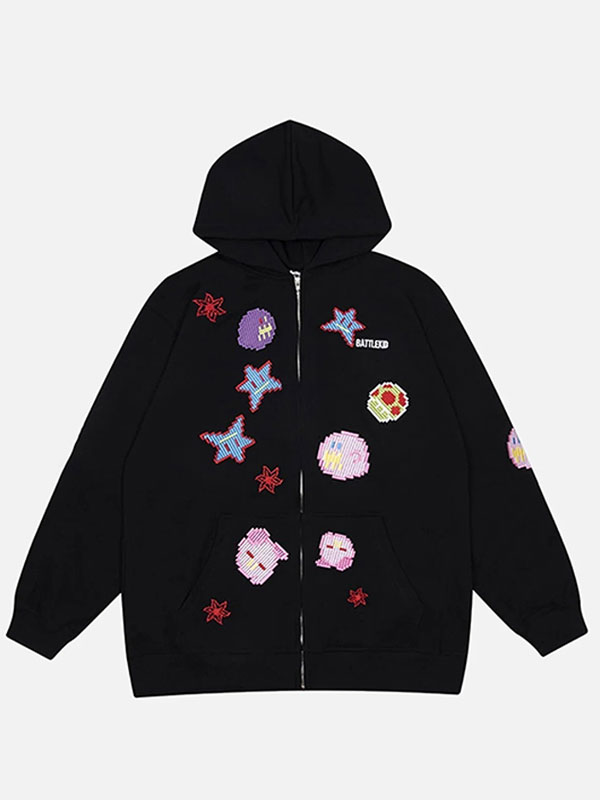 Star World Streetwear Graphic Black & Cream Zip-Up Hoodie
