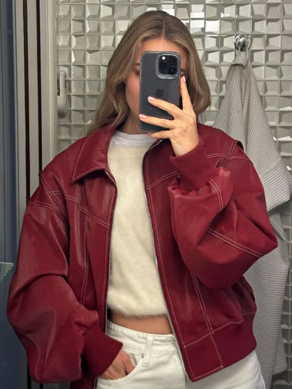 The Room Antwerp Contrast Stitch Oversized Red Jacket