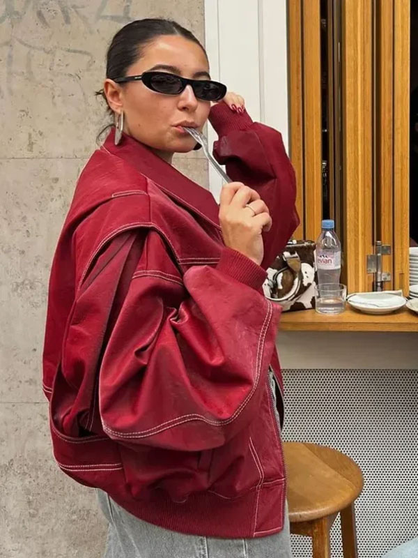 The Room Antwerp Contrast Stitch Oversized Red Jacket