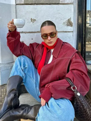 The Room Antwerp Contrast Stitch Oversized Red Jacket