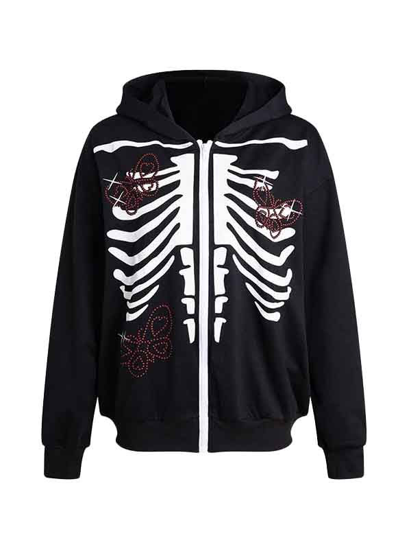 Unisex Gothic Style Skeleton Zip Up Hoodie