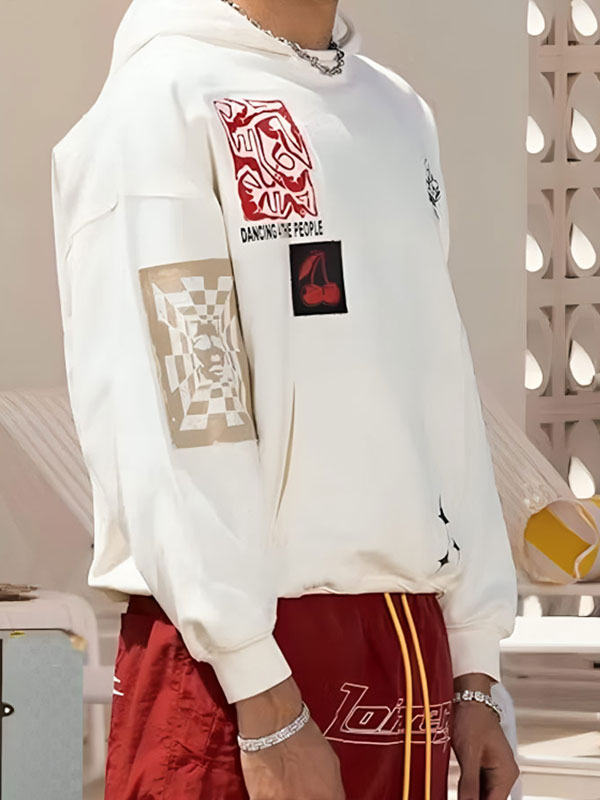 Unisex Loiter Patchwork White Fleece Pullover Hoodie