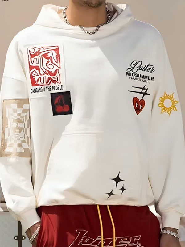 Unisex Loiter Patchwork White Fleece Pullover Hoodie