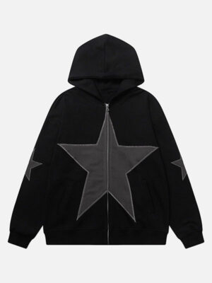 Unisex Star Patch Print Fleece Zip-Up Hoodie