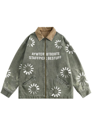 Unisex Zip-Up Slow Flower Denim Green Jacket