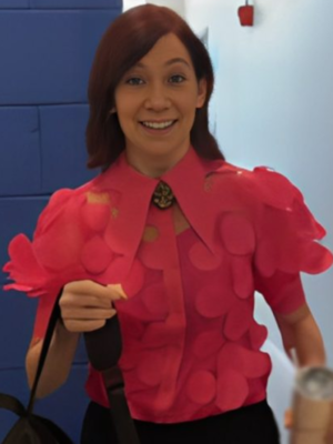 Carrie Preston Elsbeth S02 Pink Mesh Polka Dot Shirt