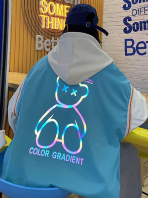 Color Gradient Bear Oversized Varsity Hooded Jacket