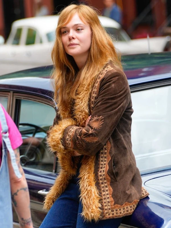 Elle Fanning A Complete Unknown Brown Fur Suede Jacket