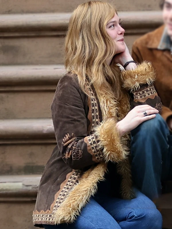 Elle Fanning A Complete Unknown Brown Fur Suede Jacket