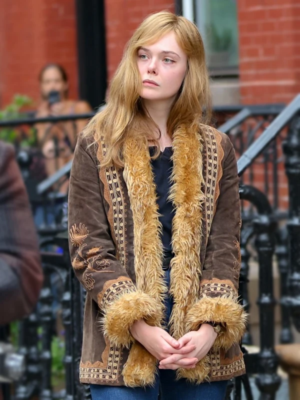 Elle Fanning A Complete Unknown Brown Fur Suede Jacket